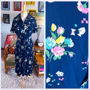 1940s Dress l Vintage 1940s Dress I  Blue novelty print l  M L  l  40s l Pinup Rockabilly l with flaws