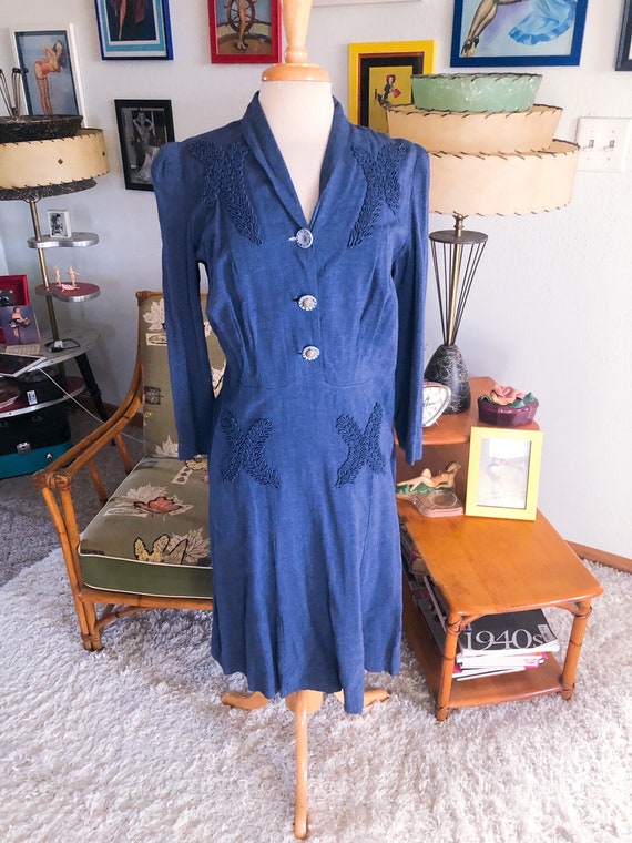 1940s Dress / 40s blue wool gabardine dress
