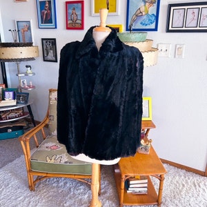 1950s Coat / 50s black fur cape coat / Vintage 1950s Fur Coat Cape One Size 50s Black Cocktail Glam Evening