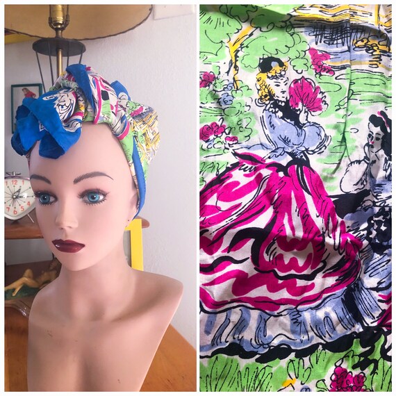 1940s Silk Scarf / 40s novelty Figural print scarf