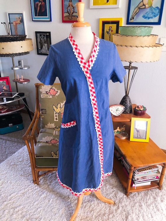 1950s Blue Day Dress / 50s dress gingham trim