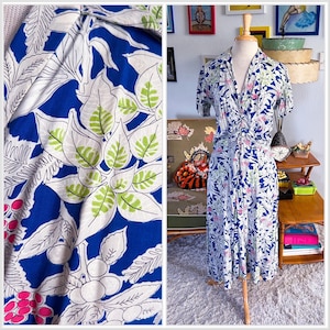 1940s Dress l Vintage 1940s Dress I Blue White Floral l Novelty Print l M L l 40s l Flaws