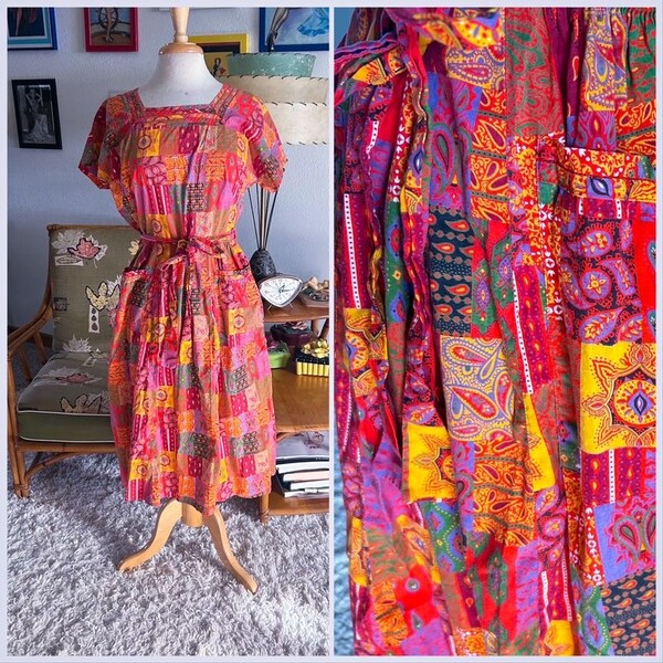 1950s Dress / 50s Swirl wrap dress / Vintage 1950s Dress Rainbow Patchwork Print Swirl Wrap Dress Novelty M L 50s