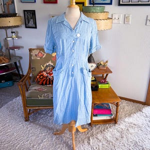 1940s Dress l Vintage 1940s Dress I Blue Grid l L XL l 40s l Pinup l Rockabilly l Shirtwaist