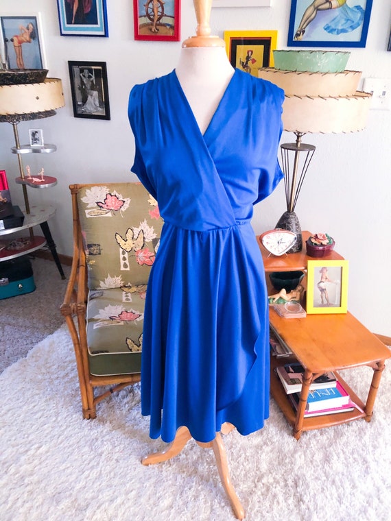 1940s style Dress / 40s style blue faux wrap dres