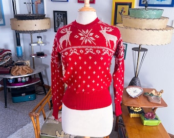 Vintage 1940s Sweater: deer bows - Novelty -  Wool red (S-M) 40s