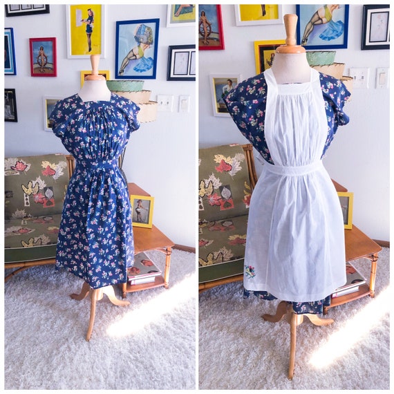 1940s Floral Dress and Apron / 40s blue floral dre