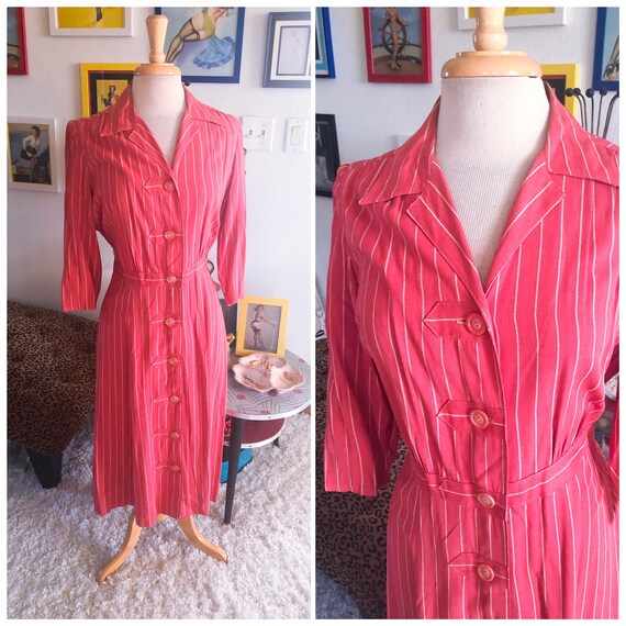 1940s Stripe Dress / 40s pink shirtwaist dress