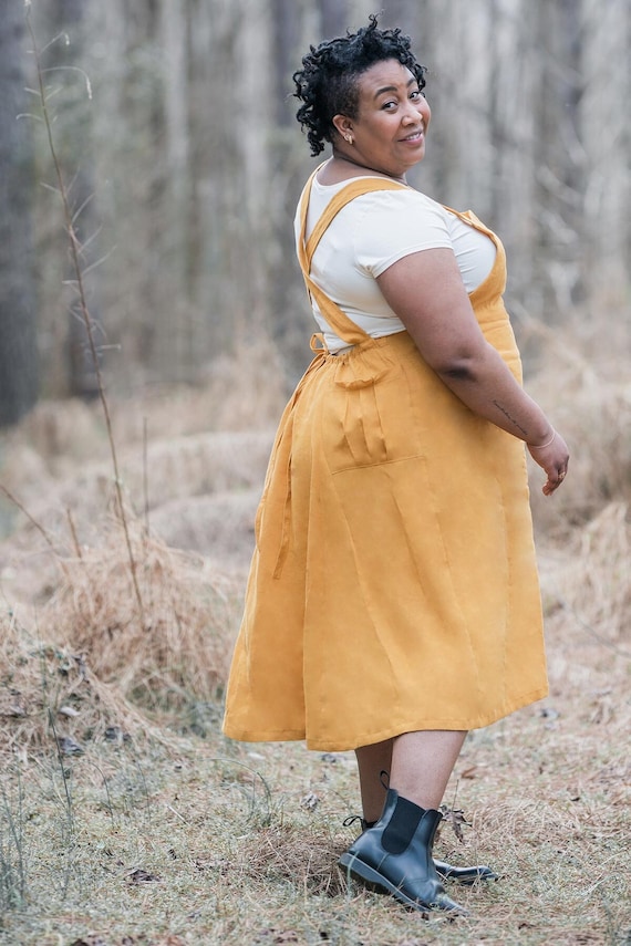 mustard yellow overall dress Penny Pinafore PDF Sewing Pattern
