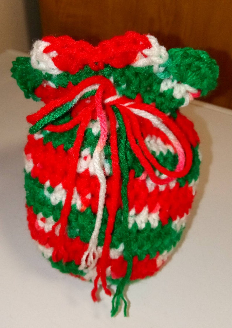 Drawstring Pouch Crocheted in Christmas Colors Red White and Green for Holding Small Gifts or Candy
