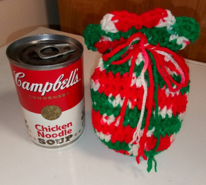 Drawstring Pouch Crocheted in Christmas Colors Red White and Green for Holding Small Gifts or Candy