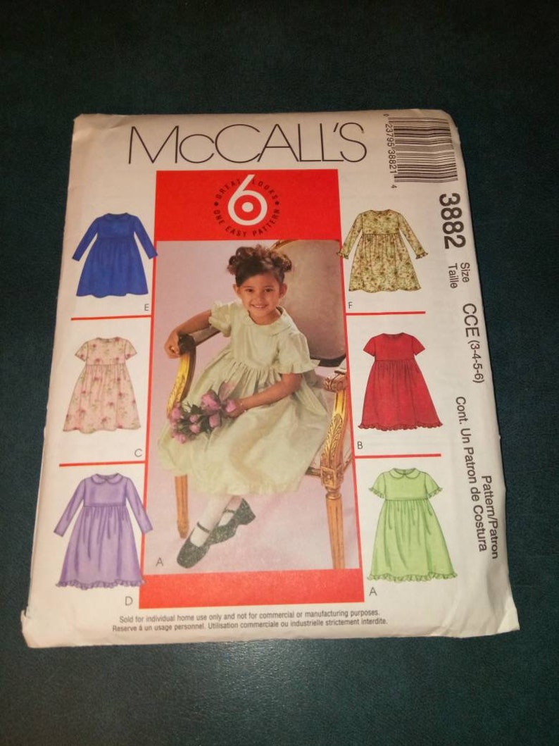McCall/'s 3882 Children/'s and Girls/' Dresses Sewing Pattern Cute Dresses for Spring Summer or Special Occasions from 2002 New and Uncut