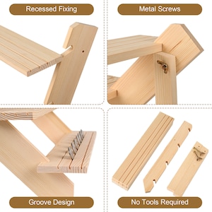 May include: Close-up of a wooden step stool with a groove design and recessed fixing. The stool is made of natural wood and has a simple, minimalist design. The image also shows the individual pieces of the stool, which are held together by metal screws. The text "No Tools Required" is visible in the image.