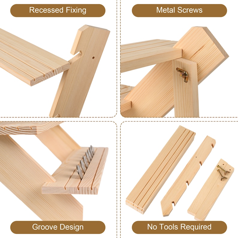 May include: Close-up of a wooden step stool with a groove design and recessed fixing. The stool is made of natural wood and has a simple, minimalist design. The image also shows the individual pieces of the stool, which are held together by metal screws. The text "No Tools Required" is visible in the image.