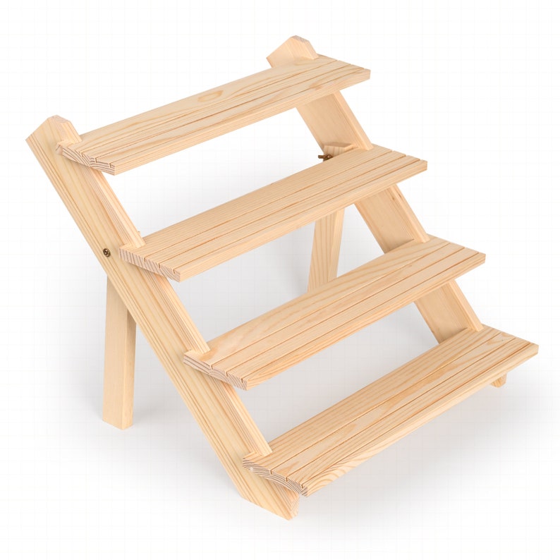 May include: A wooden tiered display stand with four shelves. The stand is made of natural wood and has a rustic look.