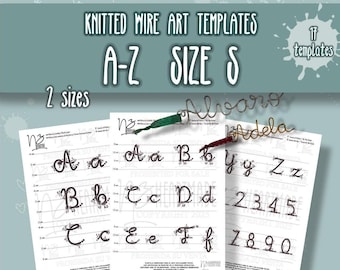 May include: Image of knitted wire art templates in size S, featuring the alphabet A-Z and numbers. The templates are printed on white paper with a light blue background. The image includes the text "17 templates" and "2 sizes".