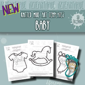Può includere: Uno sfondo verde acqua con il testo "NEW" e "KNITTED WIRE ART TEMPLATES BABY". Vengono visualizzati tre modelli bianchi con disegni di wire art a tema baby. Uno dice "Girl", un altro un cavallo a dondolo e l'ultimo dice "Baby boy".