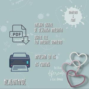 May include: A digital download graphic with the text "Digital File for Immediate Download" and "A4 Printing." The image includes a PDF icon, a printer illustration, and three heart-shaped decorations. The brand name "NZ.HEARTMADE" is also visible.