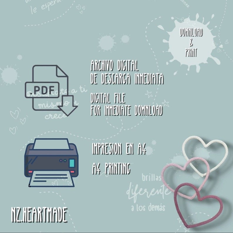 May include: A digital download graphic with the text "Digital File for Immediate Download" and "A4 Printing." The image includes a PDF icon, a printer illustration, and three heart-shaped decorations. The brand name "NZ.HEARTMADE" is also visible.