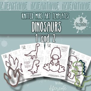 Könnte beinhalten: Dinosaurier-Themen Strickdraht-Kunstvorlagen. Das Bild zeigt den Text "DINOSAURS 1 and 2" und "40 templates". Mehrere Beispiele der Drahtkunst sind abgebildet, darunter ein Dinosaurier-Fußabdruck und verschiedene Dinosaurierformen.