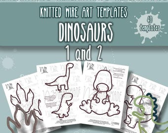 Könnte beinhalten: Dinosaurier-Themen Strickdraht-Kunstvorlagen. Das Bild zeigt den Text "DINOSAURS 1 and 2" und "40 templates". Mehrere Beispiele der Drahtkunst sind abgebildet, darunter ein Dinosaurier-Fußabdruck und verschiedene Dinosaurierformen.