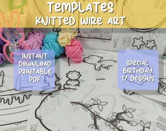Templates 17 knitted wire art figures with tricotin, special birth and birthday, knitted wire templates printable PDF