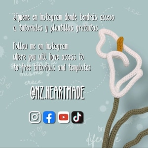 May include: A white knitted flower with a yellow center and a green stem is displayed against a light blue background. The image includes text in English and Spanish, promoting access to free tutorials and templates on Instagram.