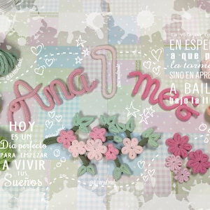 May include: A handmade, pink yarn name "Ana" and the number "1" are displayed, along with a floral arrangement and the word "meo". The image includes text in Spanish, and a variety of yarn colors.