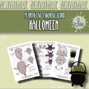 Op de afbeelding: Drie vellen Halloween-sjablonen met verschillende ontwerpen, waaronder geesten, vleermuizen en een ketel. Het woord "HALLOWEEN" staat prominent afgebeeld. Een kleine, zwarte ketel met groene inhoud staat op de voorgrond.