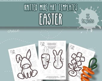 May include: A set of 36 printable templates for knitted wire art projects with an Easter theme. The templates include a bunny, carrot, and flower. The text "Nombre" is written on the bunny template.