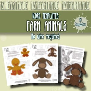 Puede incluir: Plantillas impresas para animales de granja iCord, con ilustraciones de un pato, un conejo y un perro. El texto de la imagen dice "iCord Templates Farm Animals No wire required" y "24 plantillas".