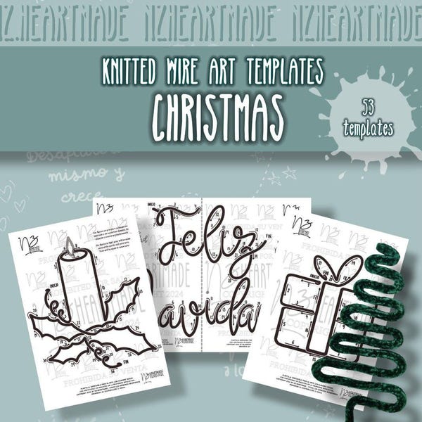 53 Knitted Wire Christmas Templates, Christmas Decorations with I-Cord, Knitted Wire Templates, Printable PDF, Spanish/English Instructions