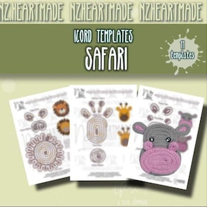 May include: Three white paper templates with safari animal designs. The templates include a lion, giraffe, and hippo. The text "ICORD TEMPLATES SAFARI" is displayed above the templates. The image also includes the text "11 templates".