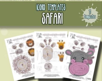 11 modelli Safari in i-cord (figure da realizzare senza filo), i-cord, modelli in filo lavorato a maglia, istruzioni stampabili in PDF in spagnolo/inglese
