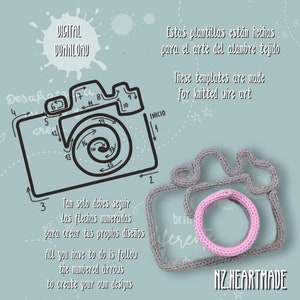 May include: Digital download graphic featuring a camera outline with numbered arrows for knitted wire art. The text reads "These templates are made for knitted wire art" and "All you have to do is follow the numbered arrows to create your own designs."