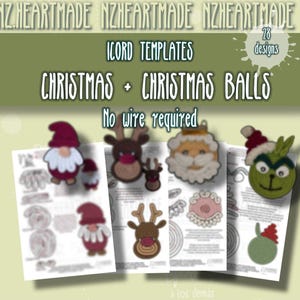 May include: Image of Christmas-themed iCord templates with various designs, including a gnome, reindeer, Santa, and a Grinch. The text on the image reads "CHRISTMAS + CHRISTMAS BALLS" and "No wire required."