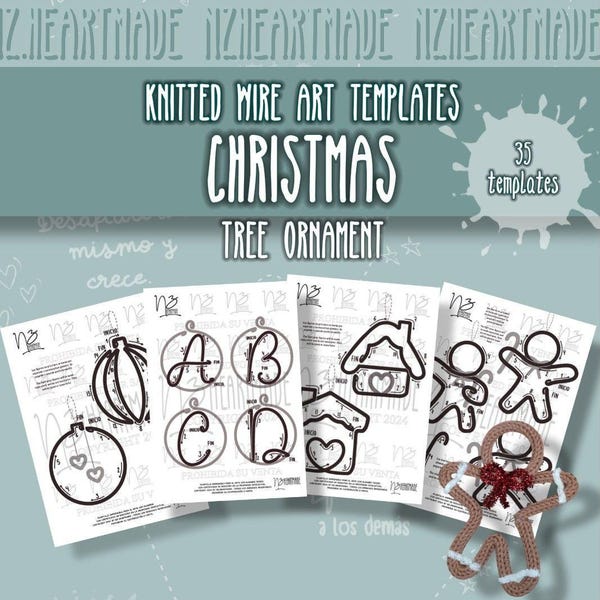 37 Christmas tree ornament templates for woven wire, i-cord, knitted wire templates, instructions in Spanish and English