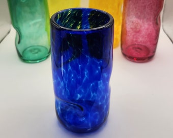 Hand blown glass contemporary crinkle vase for flowers, tall water cup, drinking glass, cobalt blue