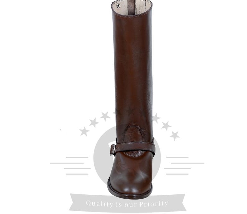 May include: Brown leather riding boots with a buckle strap and a pointed toe.