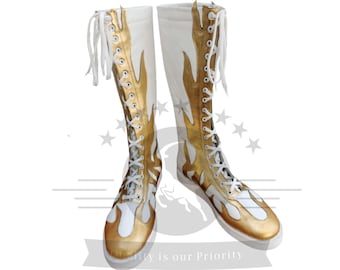 Customize Wrestling White Leather Boots, Handmade Real Leather Long Boots Boots, Pro Wrestling Boots Laces Boots, Wedding Boots