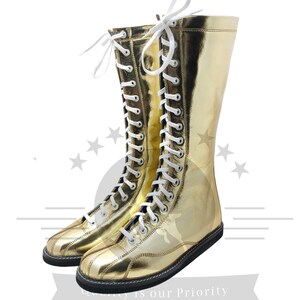 Herr- och kvinnabrottningsstövlar med snörning fram, knähöga brottningsstövlar för professionell brottning, stridsutrustning, gyllene stövlar, bröllopspresenter