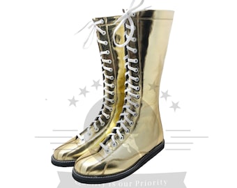 Bottes de catch dorées pour hommes et femmes avec lacets sur le devant, bottes hautes dorées pour équipement de sport de combat, performance de lutte professionnelle, cadeaux de mariage