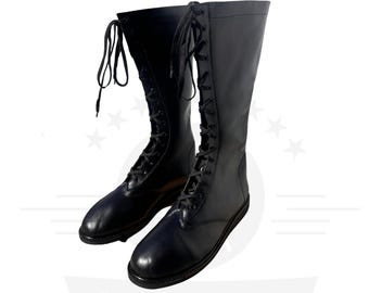 Botas de lucha negras para hombres y mujeres con cordones delanteros, botas largas de cuero para lucha libre profesional, botas de cuero de tamaño personalizado