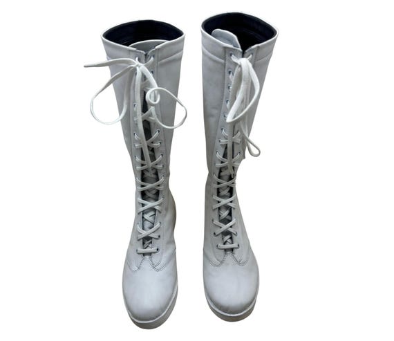 Men's Women Wrestling Leather White Boots, Men's Women Wrestling Boots With Front Laces, Customized Cowhide Long Leather Boots, Gifts