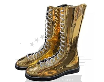 Bottes de lutte dorées pour hommes et femmes avec lacets sur le devant et semelle en caoutchouc, chaussures dorées hautes pour performances de lutte faites main, cadeaux de mariage