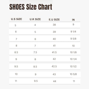 K&ouml;nnte beinhalten: Eine Schuhgr&ouml;&szlig;entabelle mit der &Uuml;berschrift "SHOES Size Chart". Die Tabelle listet US-, UK- und EU-Gr&ouml;&szlig;en zusammen mit entsprechenden Ma&szlig;en in Zoll (IN) auf. Die Gr&ouml;&szlig;en reichen von US-Gr&ouml;&szlig;e 5 (9 Zoll) bis US-Gr&ouml;&szlig;e 11 (11 Zoll).
