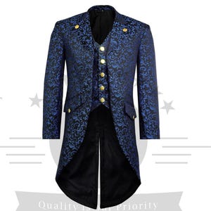 May include: A blue and black patterned suit with gold buttons. The suit has a long tailcoat and a matching vest.
