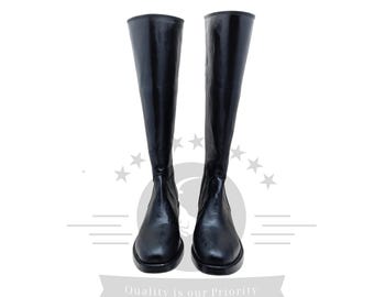 Bottes d'équitation noires avec semelle en cuir | Longue botte d'équitation en cuir de vachette | Bottes équestres faites main pour hommes en cuir noir