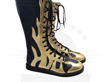 Men's Women Wrestling Black Gold Boots, Pro Wrestling Black Boots With Front Laces, Custom Wrestling Long Boots, Black Leather Long Boots