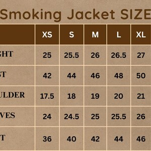 May include: A size chart for a smoking jacket, showing measurements in inches for different sizes, including XS, S, M, L, XL, and 2XL. The chart includes measurements for length, chest, shoulder, sleeves, and waist.